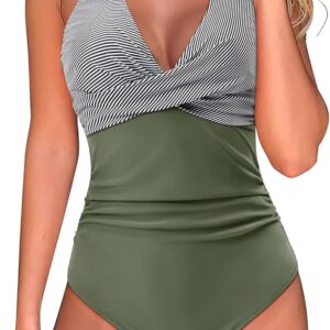 RXRXCOCO strój kąpielowy jednoczęściowy zielony khaki w paski góra M,L